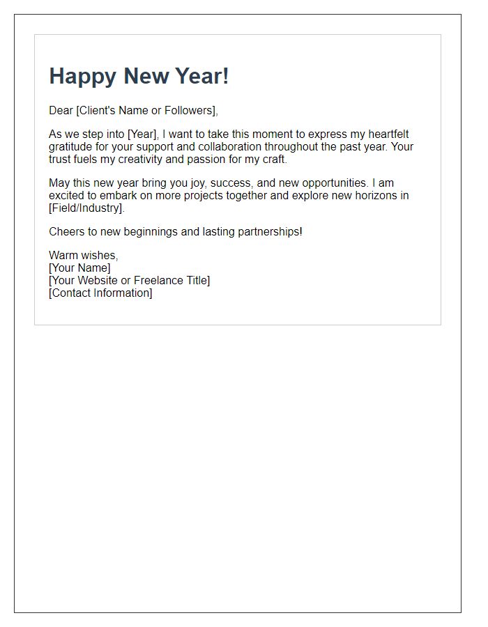 Letter template of freelance new year cards for social media outreach.