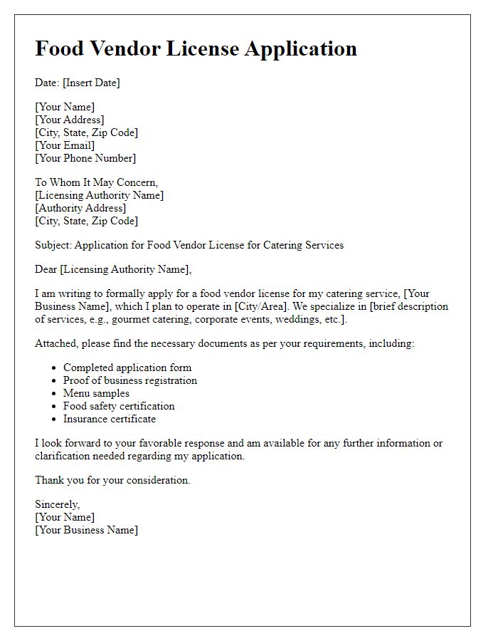 Letter template of food vendor license application for catering services.