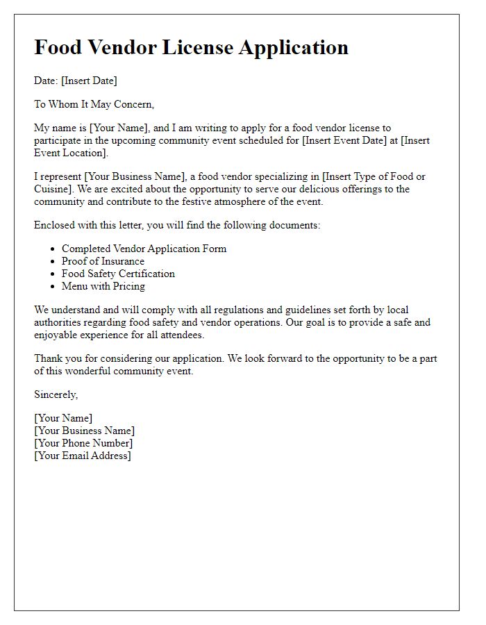 Letter template of food vendor license application for community events.