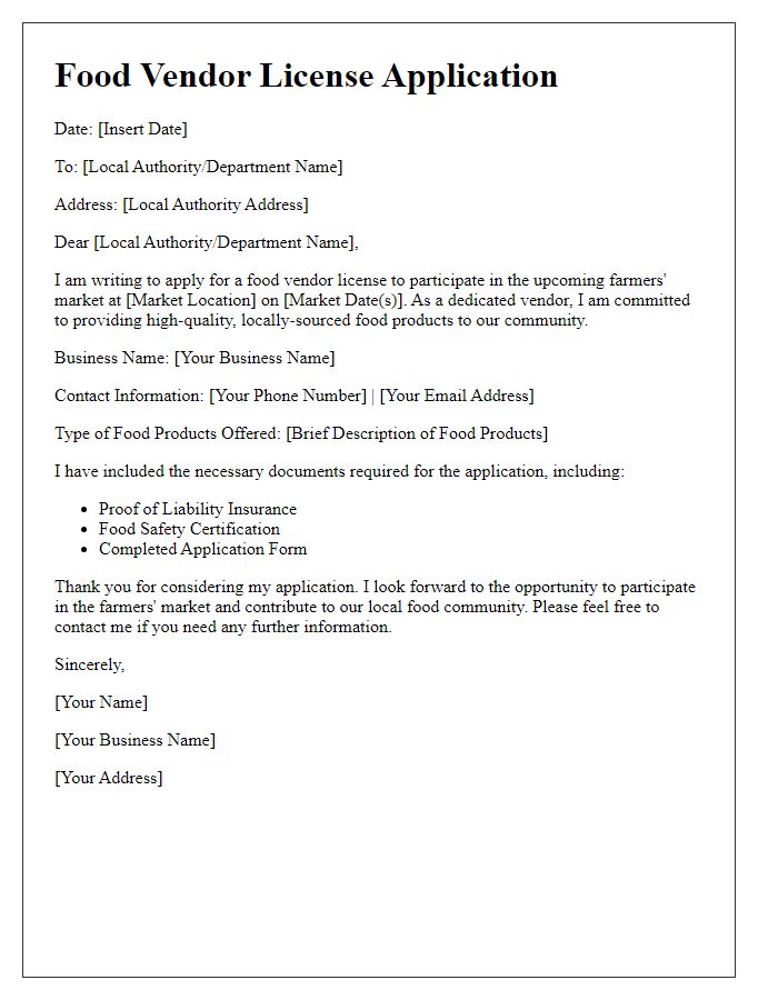 Letter template of food vendor license application for farmers' market participation.