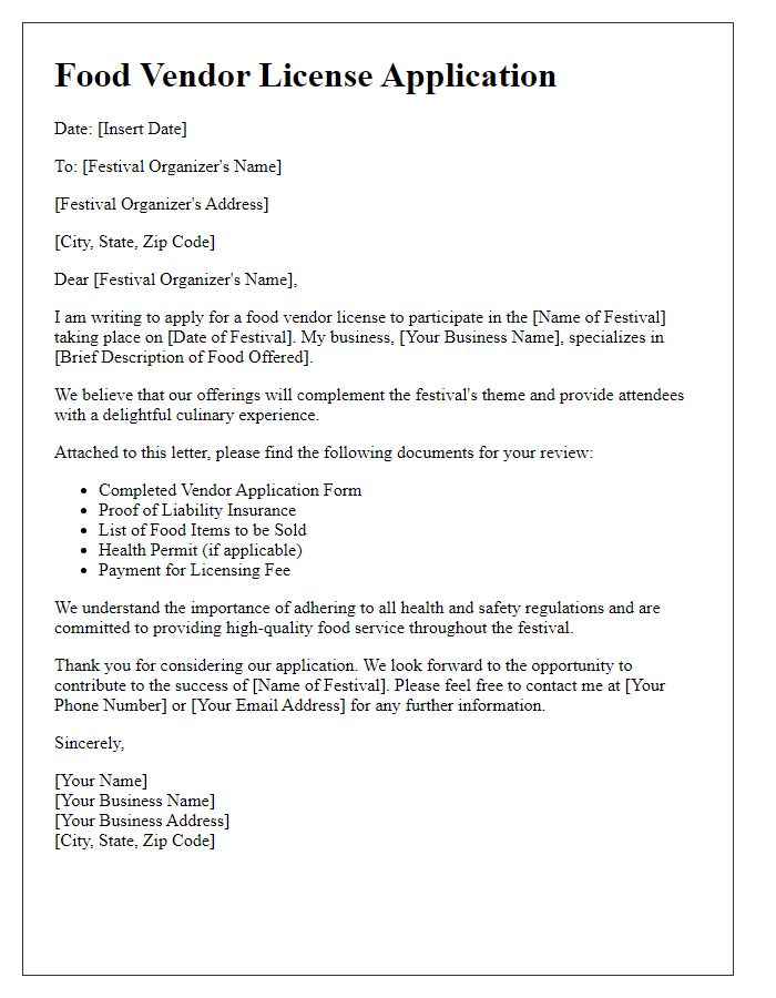 Letter template of food vendor license application for festival vendors.