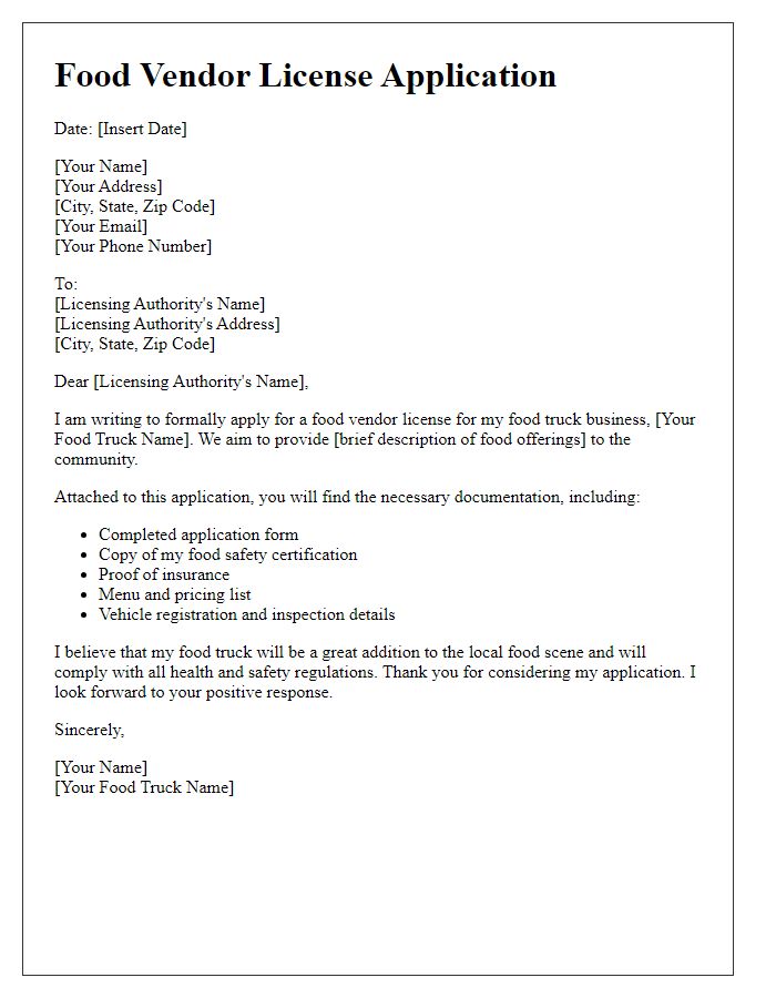 Letter template of food vendor license application for food trucks.