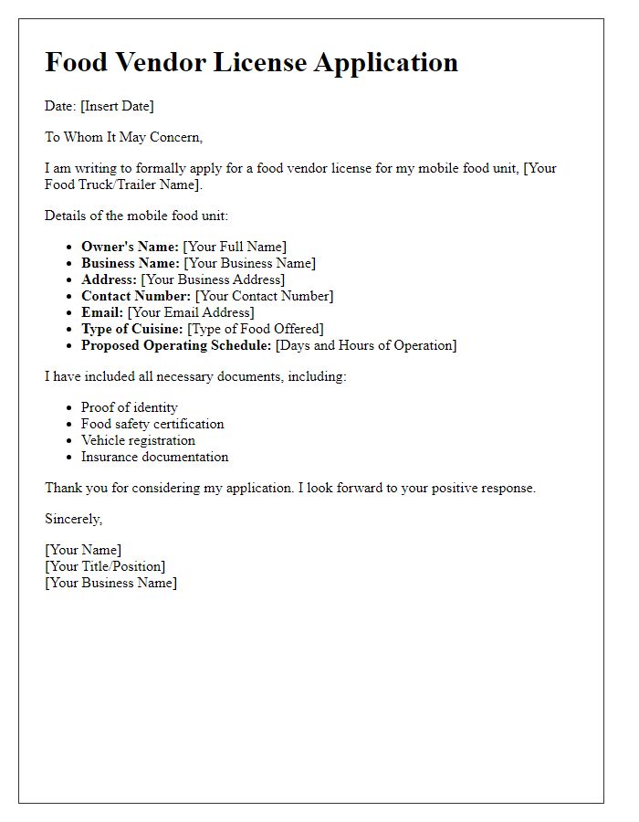 Letter template of food vendor license application for mobile food units.