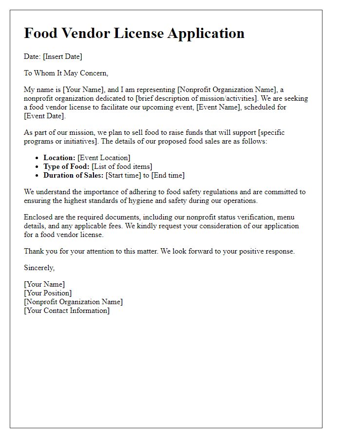 Letter template of food vendor license application for nonprofit food sales.