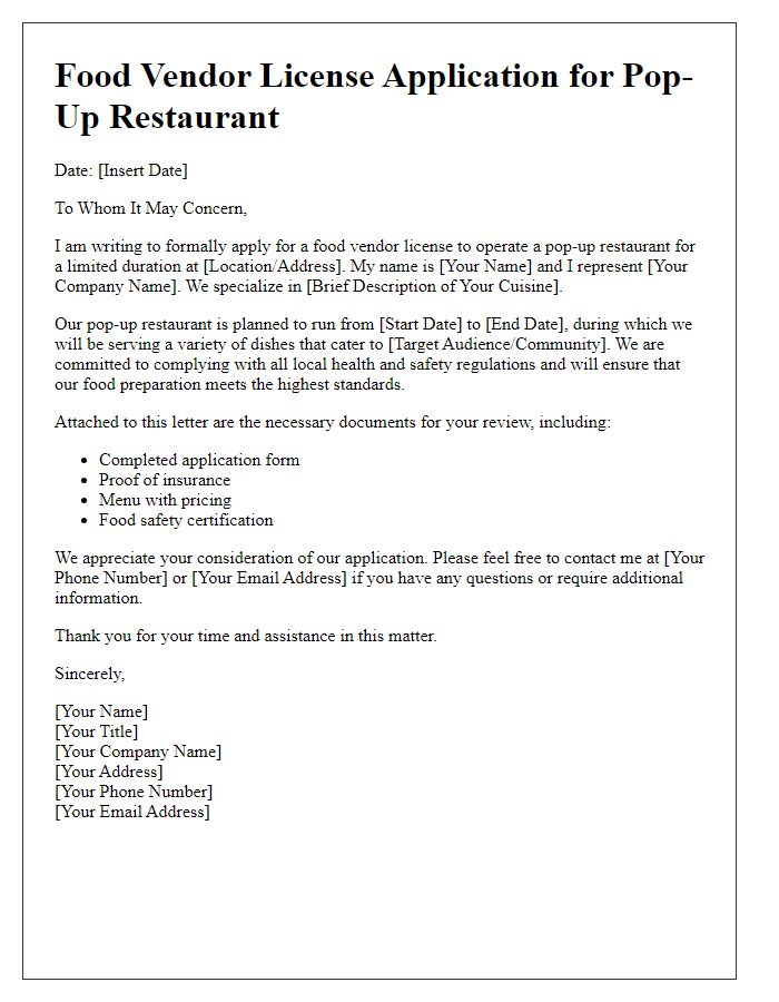 Letter template of food vendor license application for pop-up restaurants.