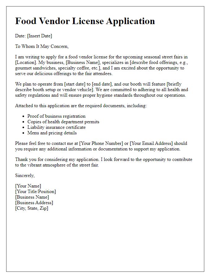 Letter template of food vendor license application for seasonal street fairs.