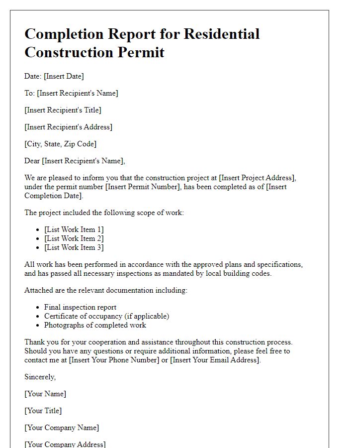 Letter template of completion report for residential construction permit