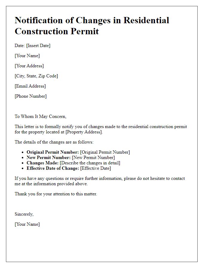 Letter template of notification for changes in residential construction permit