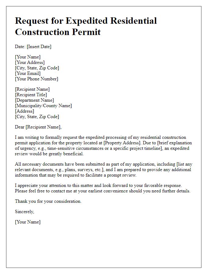 Letter template of request for expedited residential construction permit