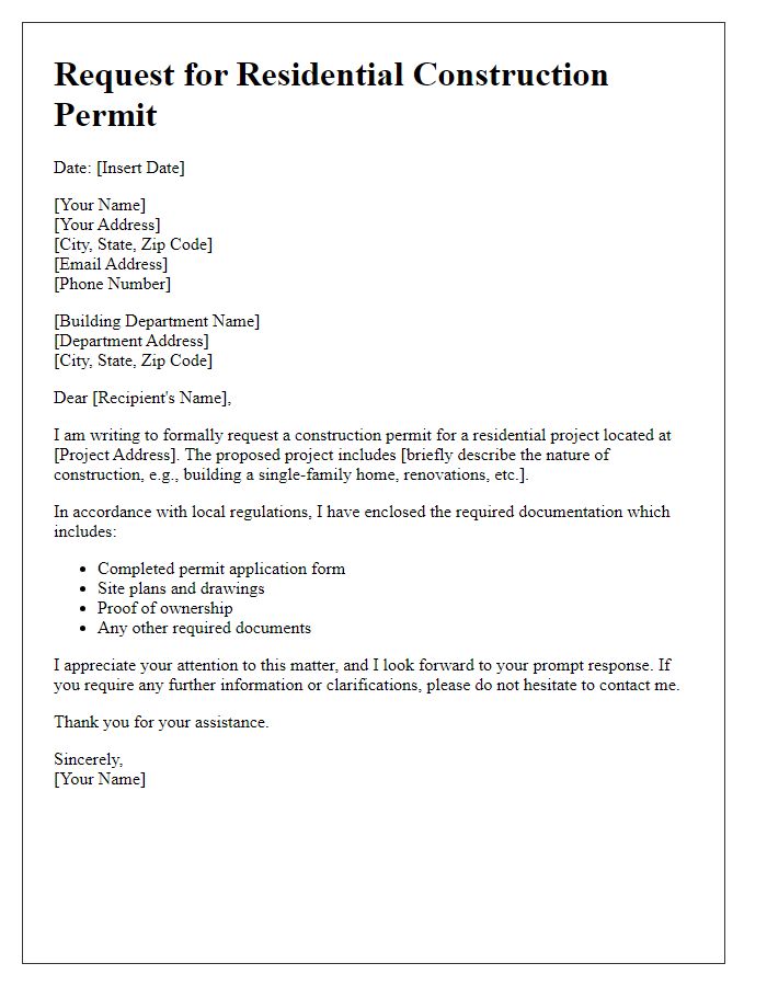 Letter template of request for residential construction permit