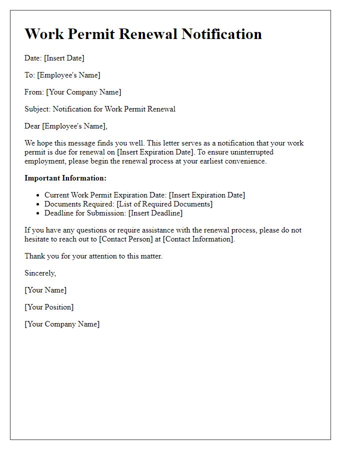 Letter template of notification for work permit renewal