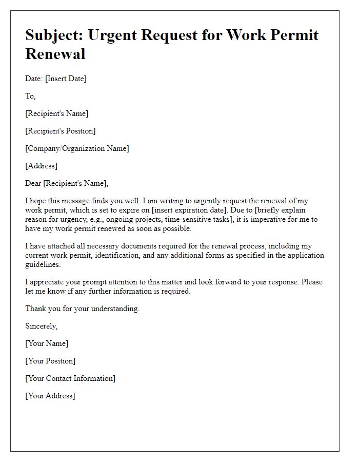 Letter template of urgent work permit renewal request