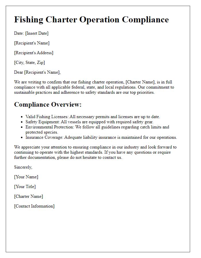 Letter template of fishing charter operation compliance.