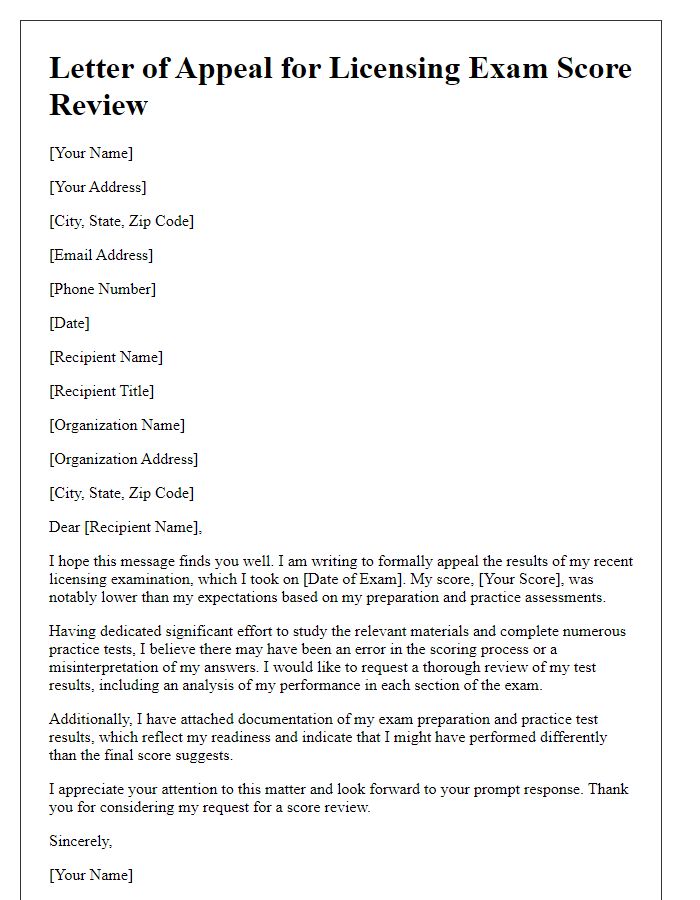 Letter template of appeal for licensing exam score review