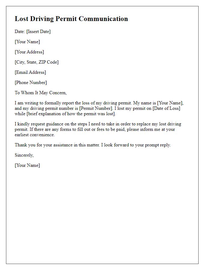 Letter template of lost driving permit communication