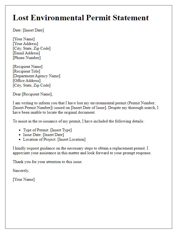 Letter template of lost environmental permit statement