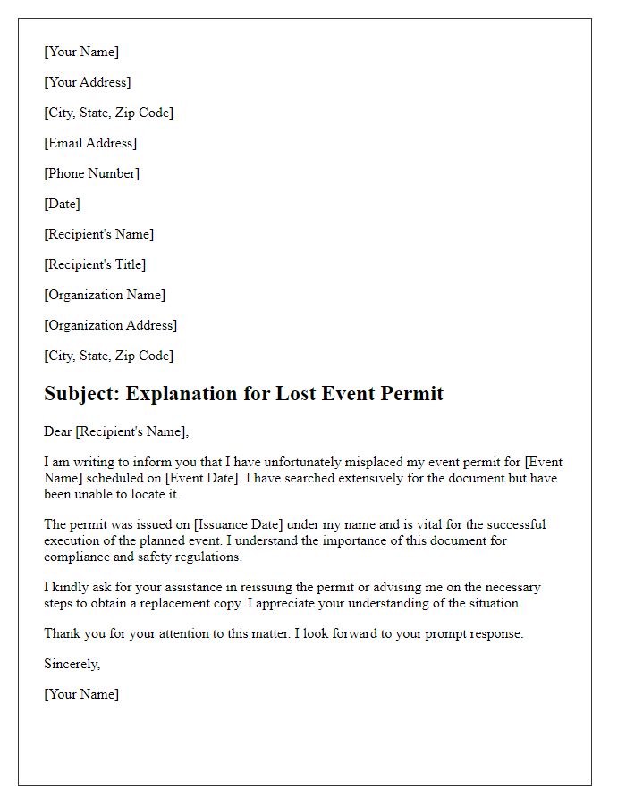 Letter template of lost event permit explanation