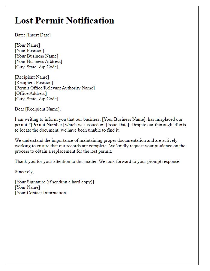 Letter template of lost permit notification for businesses