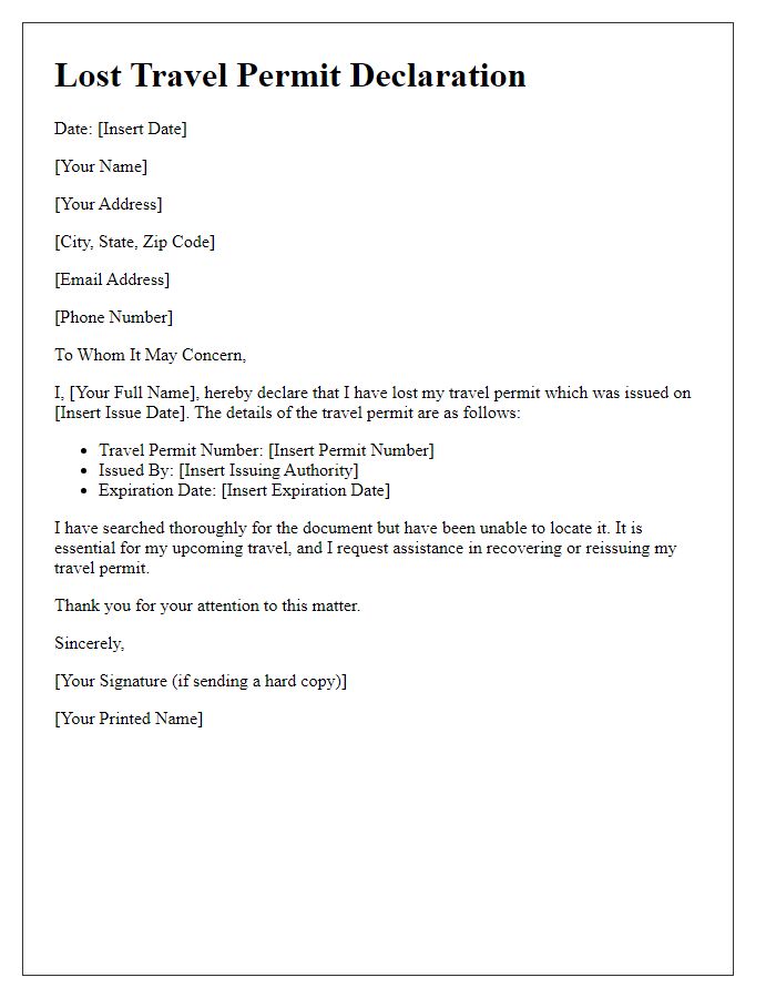 Letter template of lost travel permit declaration