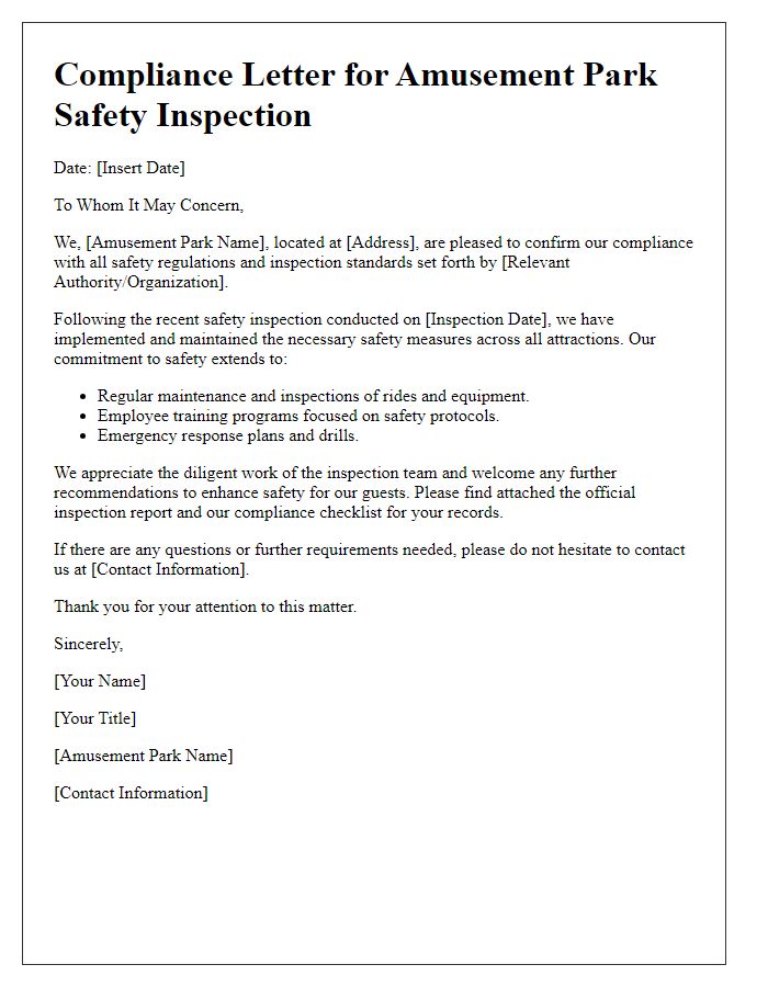 Letter template of compliance for amusement park safety inspection