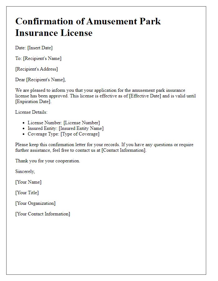 Letter template of confirmation for amusement park insurance license