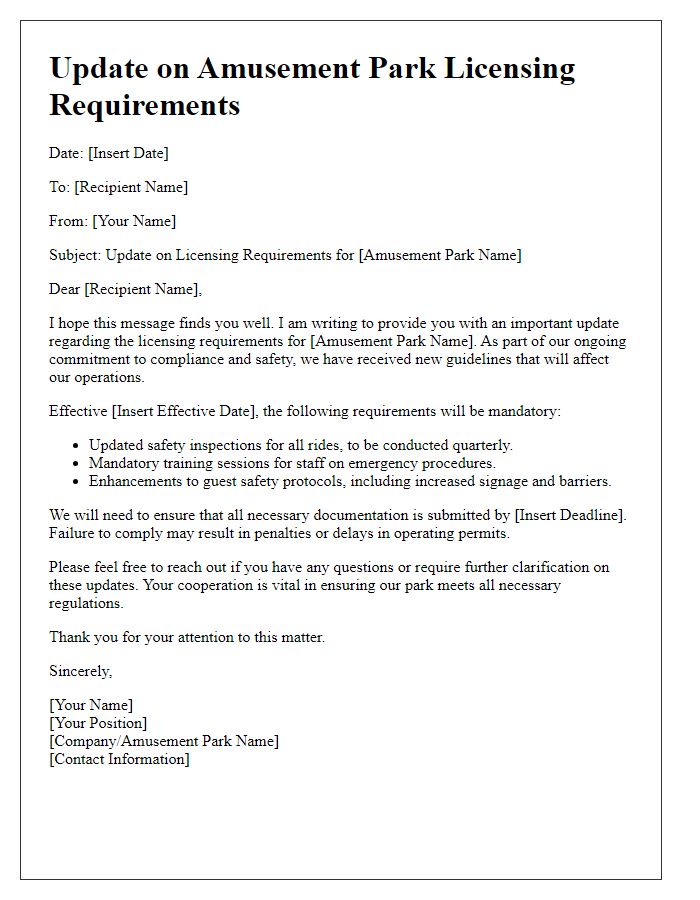 Letter template of update for amusement park licensing requirements