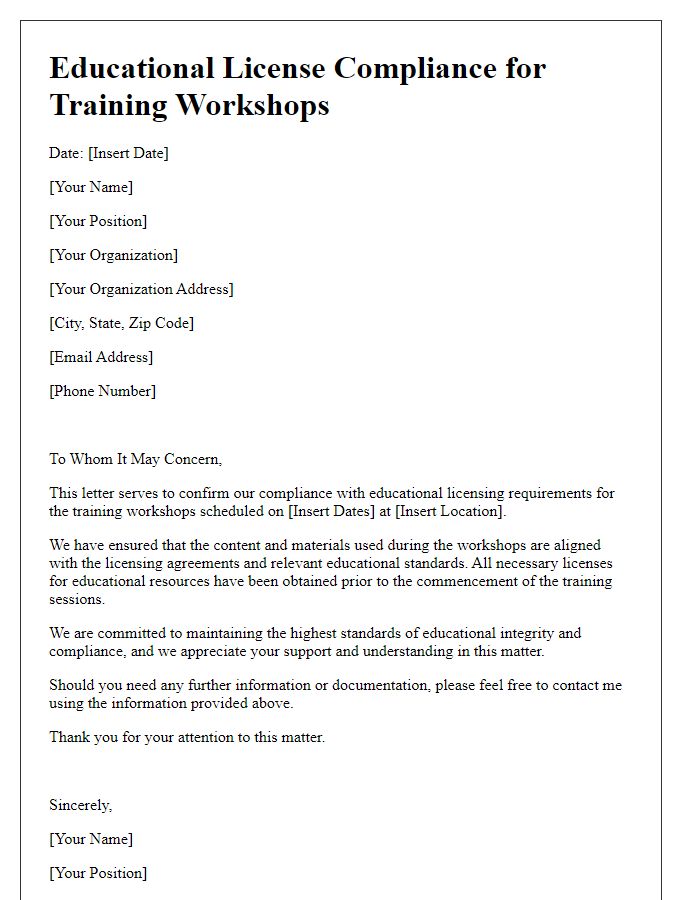 Letter template of educational license compliance for training workshops