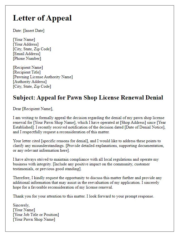 Letter template of appeal for pawn shop license renewal denial.