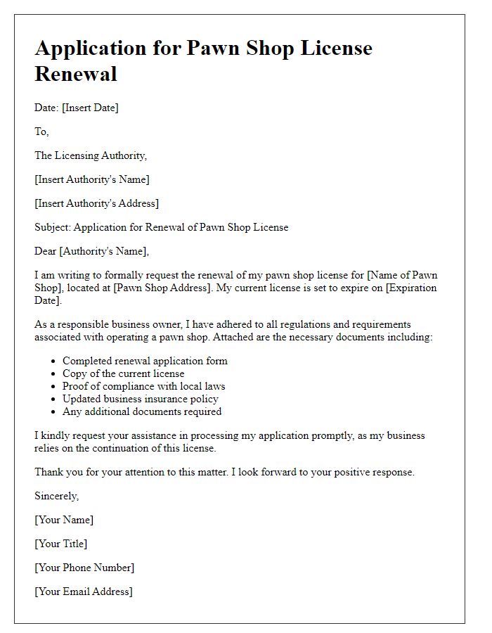 Letter template of application for pawn shop license renewal.