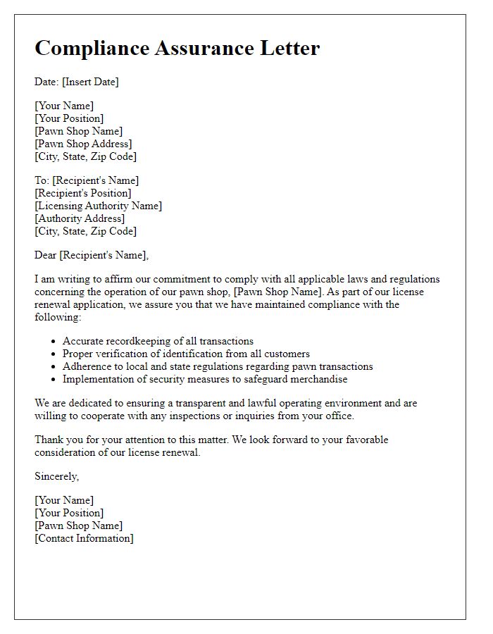 Letter template of compliance assurance for pawn shop license renewal.