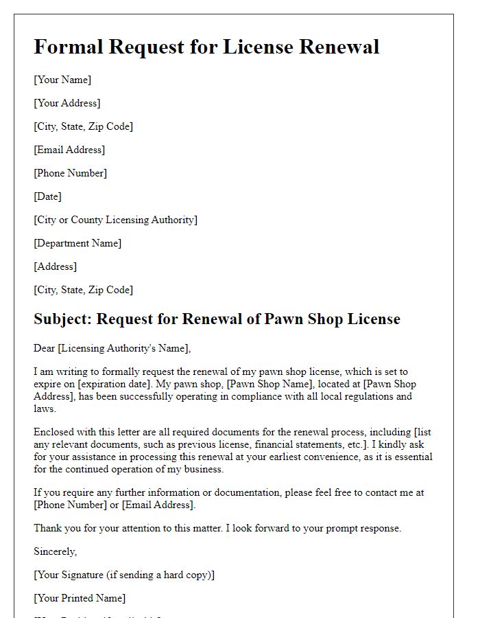 Letter template of formal request for renewing pawn shop license.