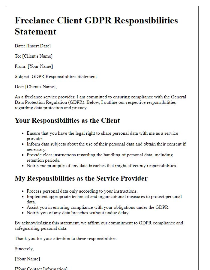 Letter template of freelance client GDPR responsibilities statement