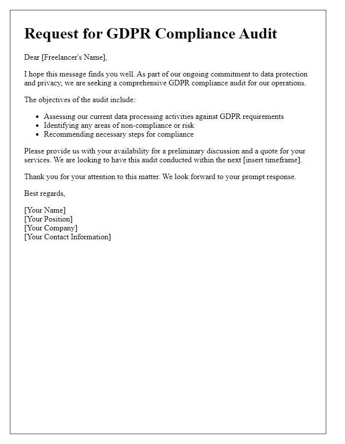 Letter template of freelance GDPR compliance audit request