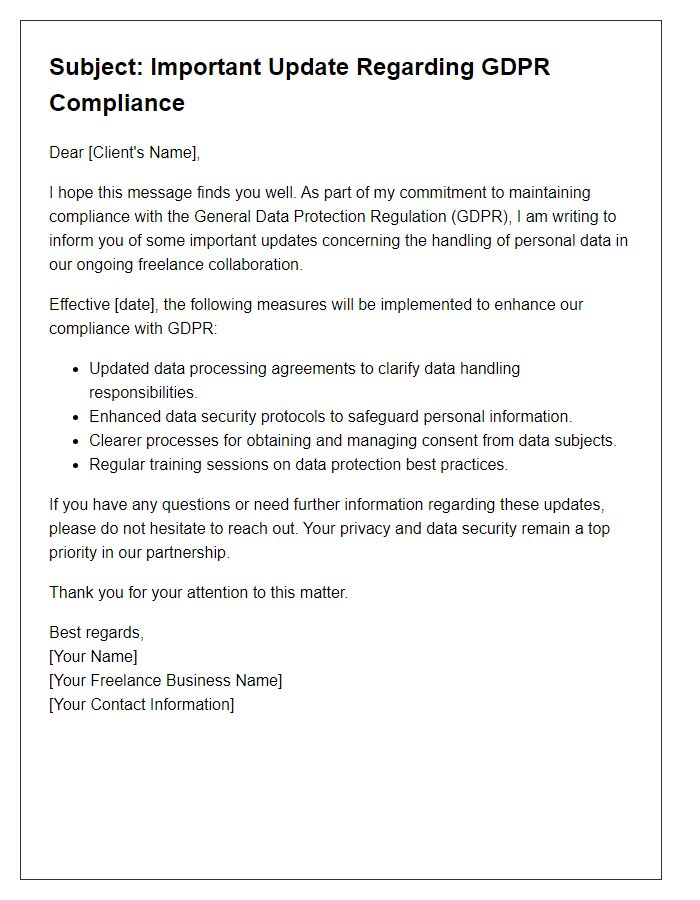 Letter template of freelance GDPR compliance update notification