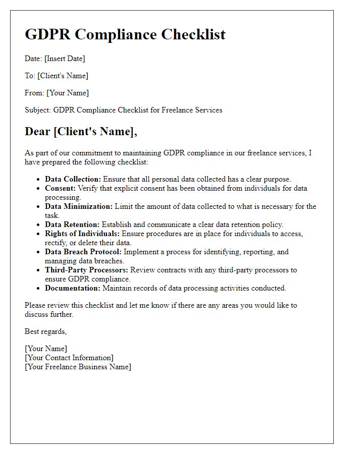 Letter template of freelance services GDPR compliance checklist