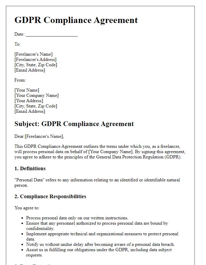 Letter template of GDPR compliance agreement for freelance services