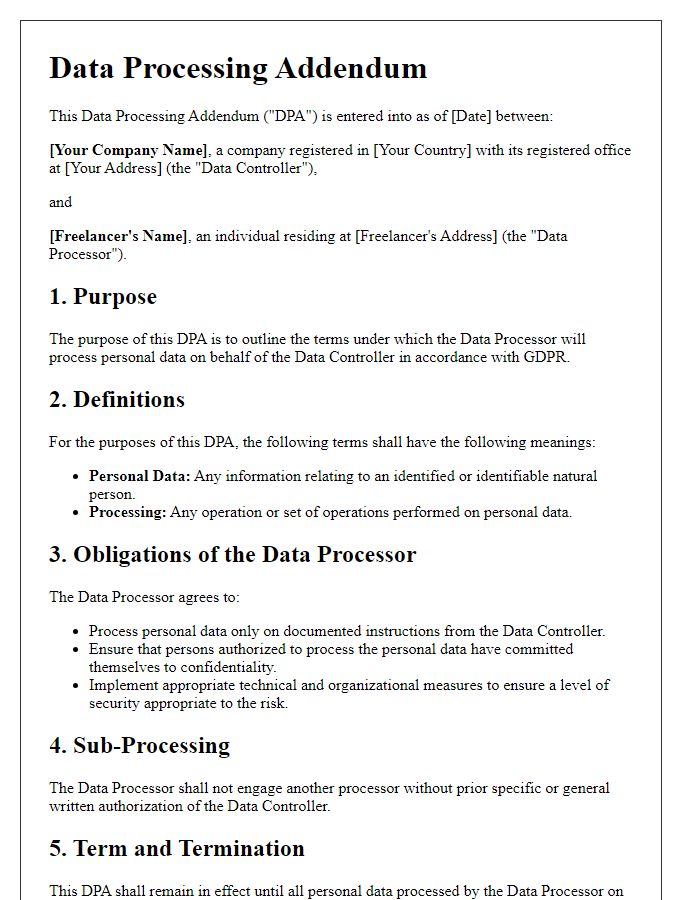 Letter template of GDPR data processing addendum for freelancers