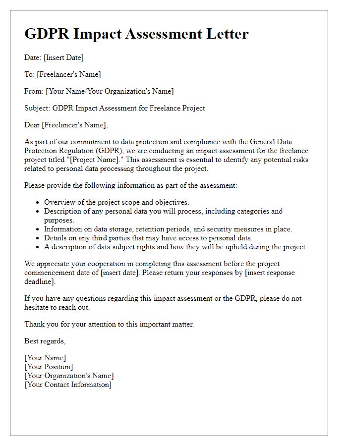 Letter template of GDPR impact assessment for freelance projects