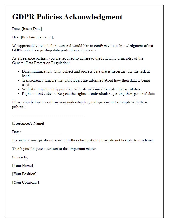 Letter template of GDPR policies acknowledgment for freelance work