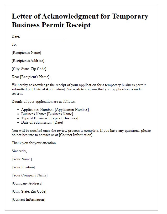 Letter template of acknowledgment for temporary business permit receipt