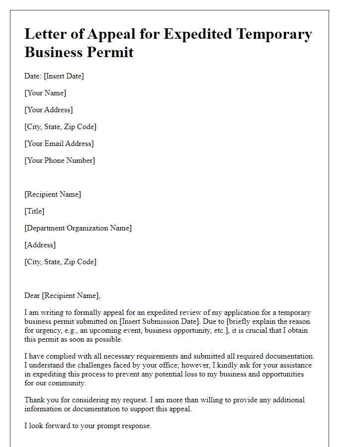 Letter template of appeal for expedited temporary business permit