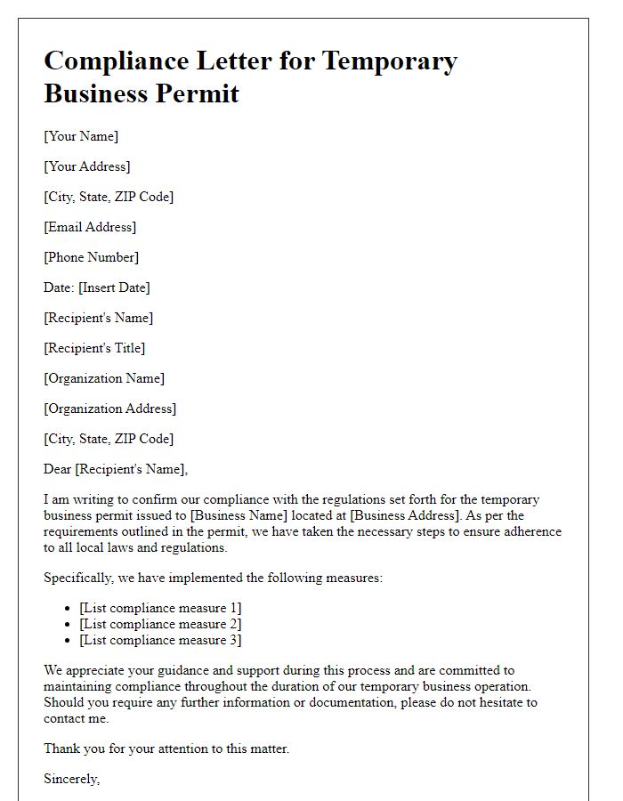 Letter template of compliance for temporary business permit regulations