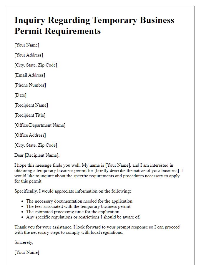 Letter template of inquiry regarding temporary business permit requirements