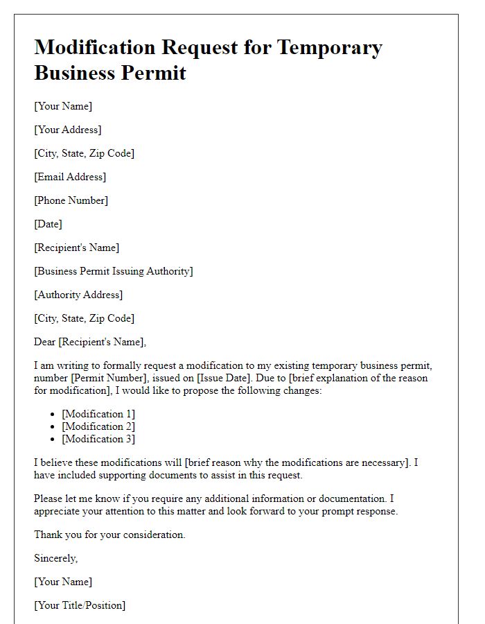 Letter template of modification for existing temporary business permit