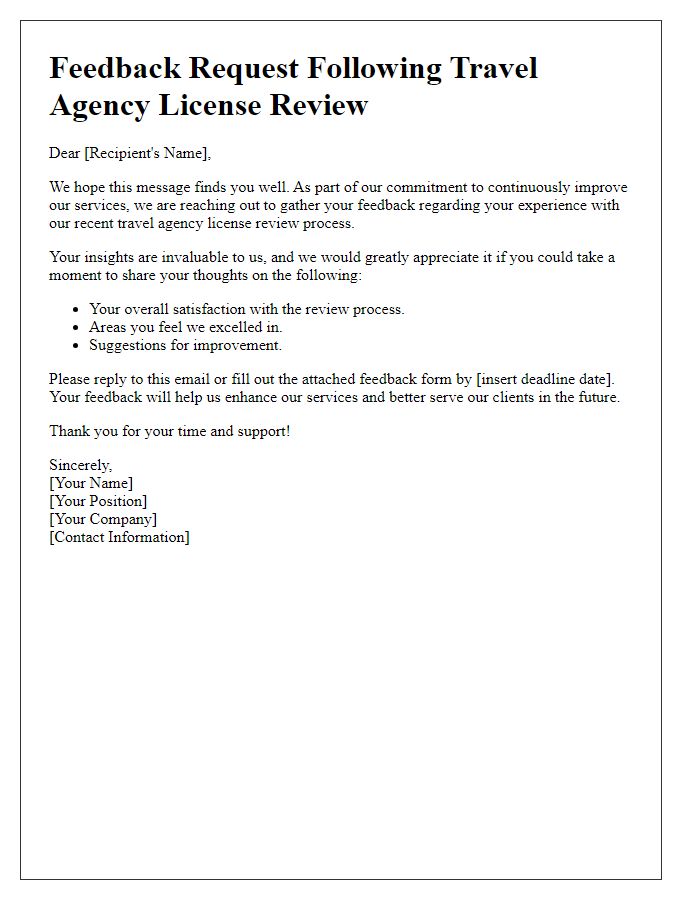 Letter template of feedback request post travel agency license review