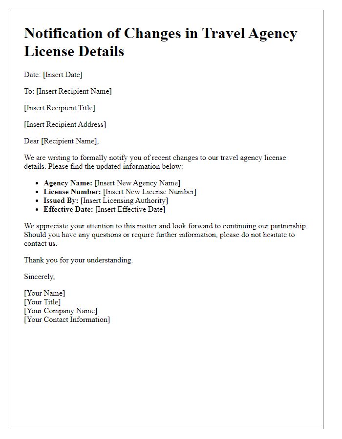 Letter template of notification for changes in travel agency license details