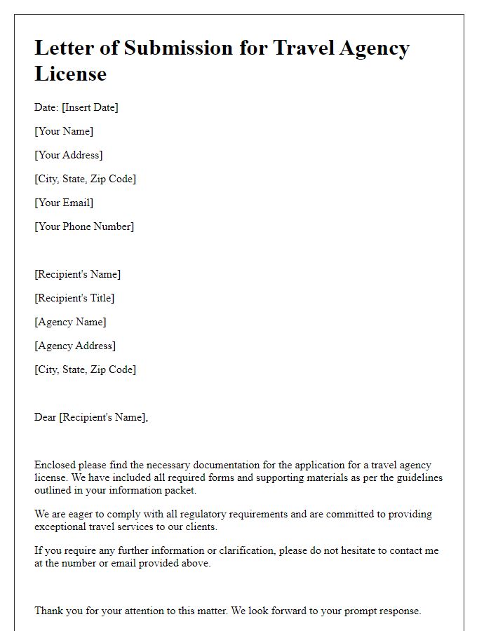 Letter template of submission for travel agency license documentation