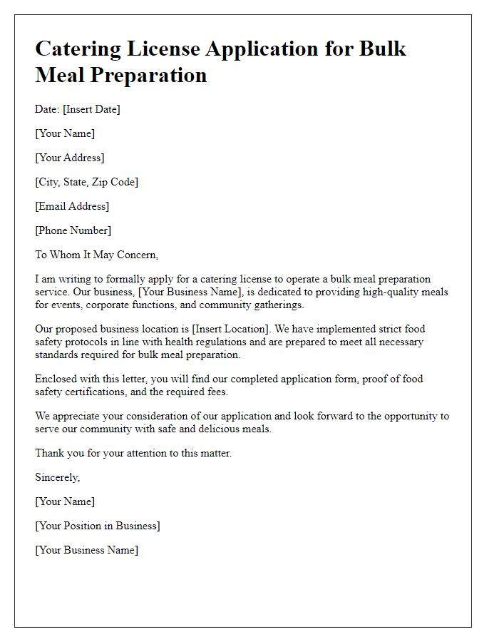 Letter template of catering license application for bulk meal preparation.