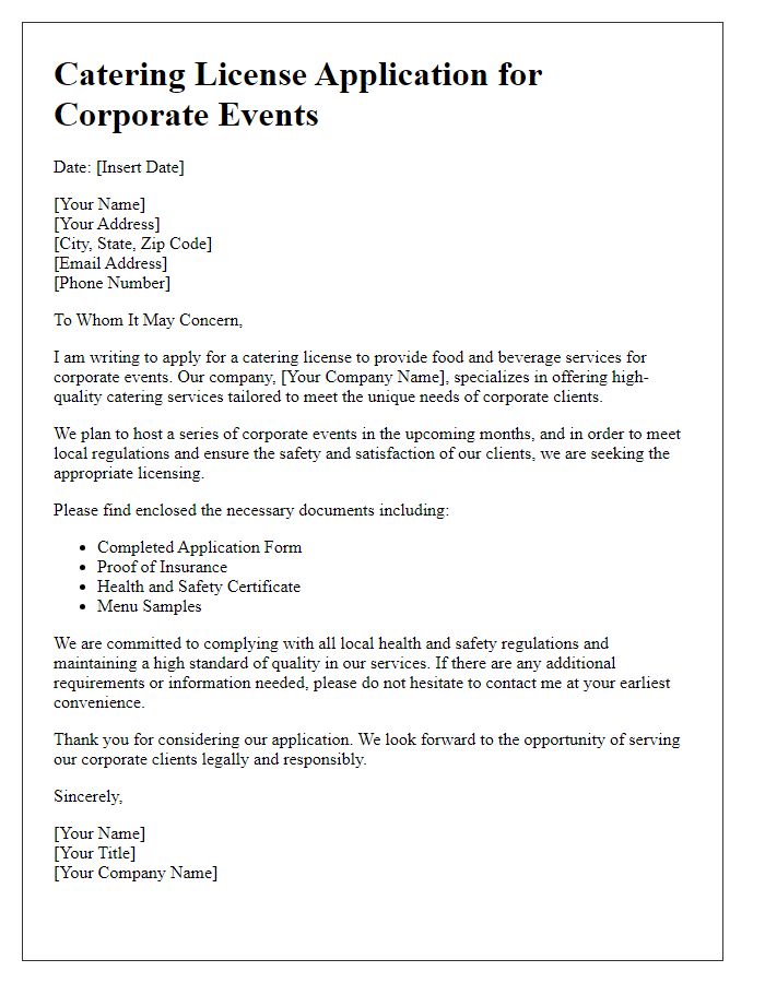 Letter template of catering license application for corporate events.