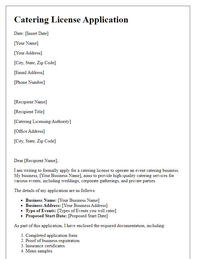 Letter template of catering license application for event catering.